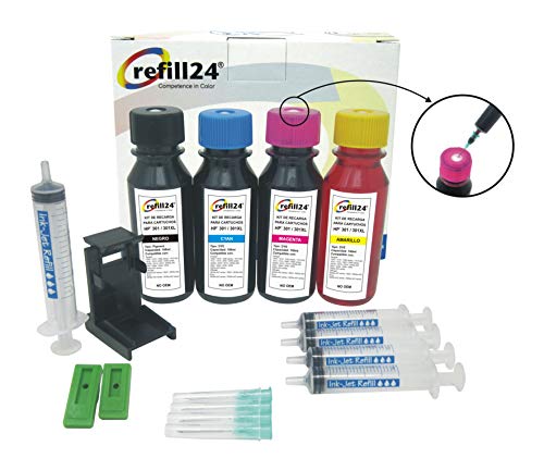 Kit de Recarga para Cartuchos de Tinta HP 301, 301 XL Negro y Color, Incluye Clip y Accesorios + 400 ML Tinta