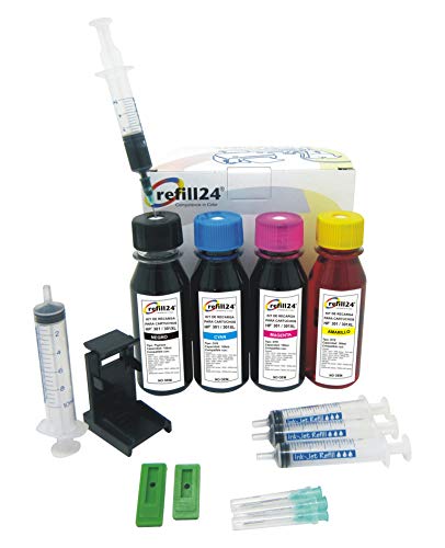 Kit de Recarga para Cartuchos de Tinta HP 301, 301 XL Negro y Color, Incluye Clip y Accesorios + 400 ML Tinta