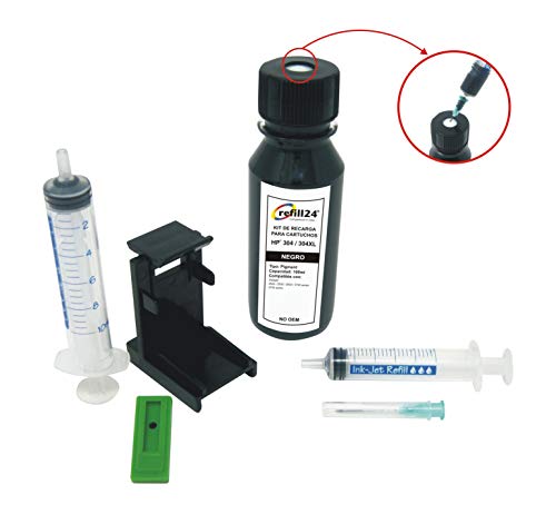 Kit de Recarga para Cartuchos de Tinta HP 304, 304 XL Negro, Incluye Clip y Accesorios + 100 ML Tinta