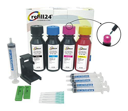 Kit de Recarga para Cartuchos de Tinta HP 62, 62 XL Negro y Color, Incluye Clip y Accesorios + 400 ML Tinta