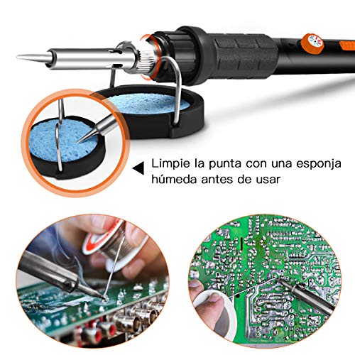 Kit del Soldador,Preciva 60W 220V Soldador de estaño,Temperatura Ajustable 220℃~480℃,5pcs Puntas Diferentes,Soporte,Alambre de Soldadura 50g para el Uso Diversamente Reparado