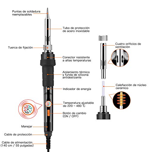 Kit del Soldador,Preciva 60W 220V Soldador de estaño,Temperatura Ajustable 220℃~480℃,5pcs Puntas Diferentes,Soporte,Alambre de Soldadura 50g para el Uso Diversamente Reparado