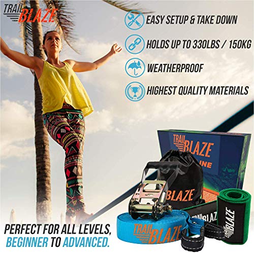 Kit Slackline Completo - Kit de Principiante con Protectores de árboles + Trinquete Tensor Revestido - Set de 15 Metros de Bandas para Entrenamiento de fácil instalación