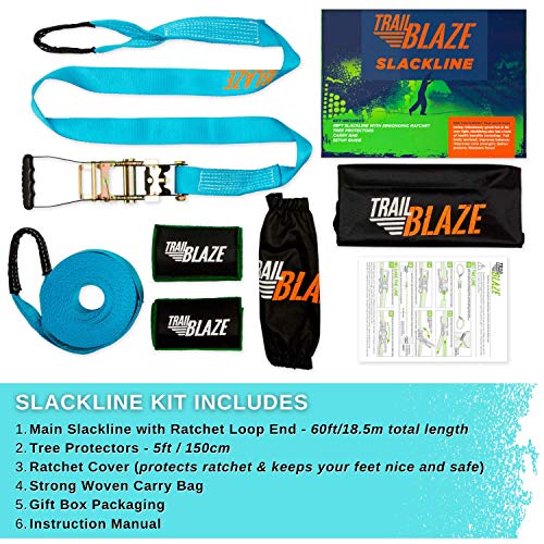 Kit Slackline Completo - Kit de Principiante con Protectores de árboles + Trinquete Tensor Revestido - Set de 15 Metros de Bandas para Entrenamiento de fácil instalación