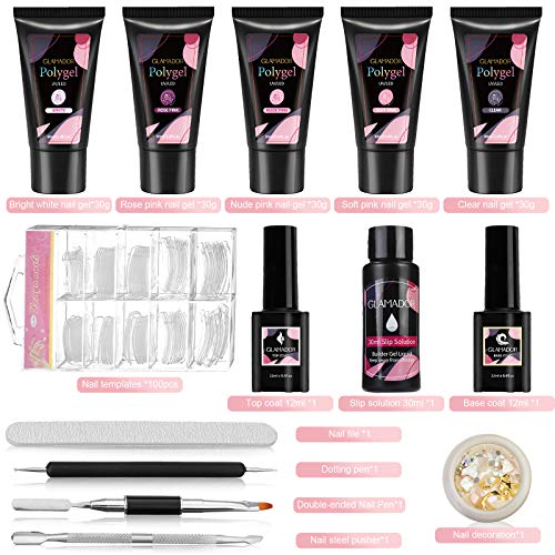 Kit Uñas de Gel Completo-GLAMADOR Kit Poly Gel para Uñas-Práctico Kit Gel de Extensión de Uñas con 30ml*5 Colores Bonitos-Seguro, Fácil de Usar,Perfecto para Manicuristas,Principiantes,DIY Uñas Arte