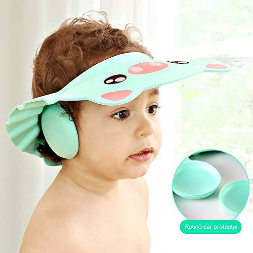Kitchen-dream Gorro de Ducha Bebé, 2pcs Ajustable Impermeable Champú Caps Shield, Protección para niños Sombrero de orejera para el cuidado del bebé para niños pequeños (Verde claro, Rosa)