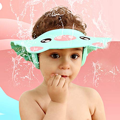 Kitchen-dream Gorro de Ducha Bebé, 2pcs Ajustable Impermeable Champú Caps Shield, Protección para niños Sombrero de orejera para el cuidado del bebé para niños pequeños (Verde claro, Rosa)