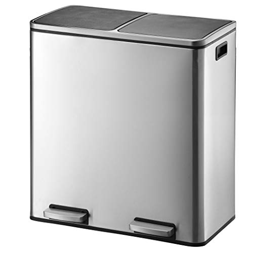 KITCHEN MOVE BAT-961049 - Cubo de Basura de Cocina con Pedal de Reciclaje selectivo, Gran Capacidad, 60 L (2 x 30 L), Acero Cepillado, 60 x 36 x 65 cm