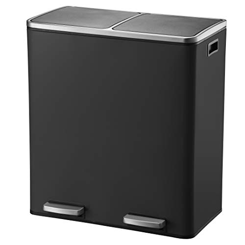 KITCHEN MOVE BAT-961049E Black - Cubo de Basura de Cocina con Pedal de Reciclaje selectivo de Gran Capacidad, 60 L (2 x 30 L), Acero Inoxidable, Color Negro Mate, 60 x 36 x 65 cm