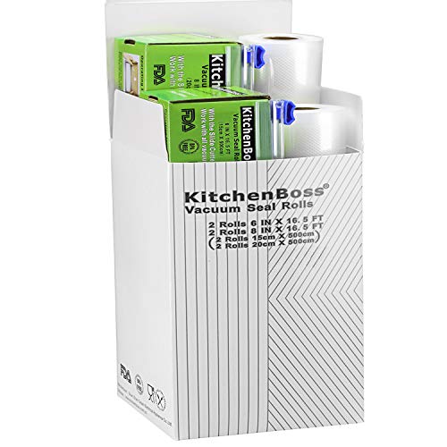 KitchenBoss Bolsas de Vacío Profesional 4 Rolls 20x500 y 28x500cm con 2 Caja de Corte (No Más Tijeras) para Almacenaje de Alimentos, Sous Vide Cocina, BPA Free KitchenBoss Bolsas de Vacío Profesional 4 Rolls 20x500 y 28x500cm con 2 Caja de Corte (No Más Tijeras) para Almacenaje de Alimentos, Sous Vide Cocina, BPA Free