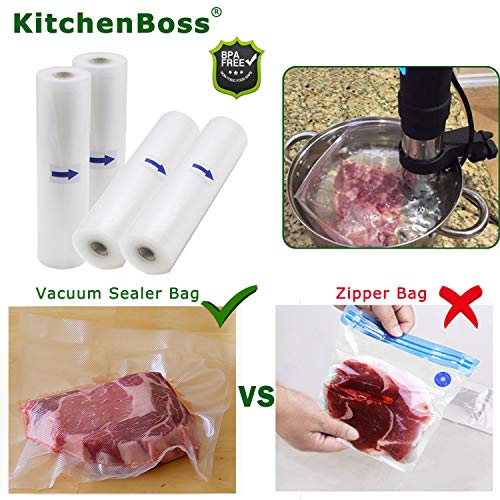 KitchenBoss Bolsas de Vacío Profesional 4 Rolls 20x500 y 28x500cm con 2 Caja de Corte (No Más Tijeras) para Almacenaje de Alimentos, Sous Vide Cocina, BPA Free