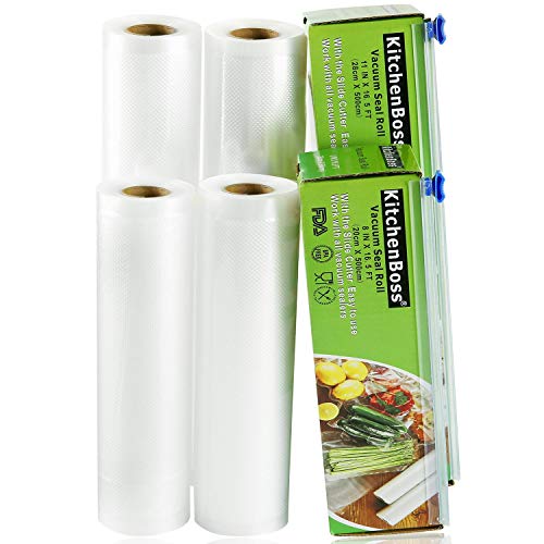 KitchenBoss Bolsas de Vacío Profesional 4 Rolls 20x500 y 28x500cm con 2 Caja de Corte (No Más Tijeras) para Almacenaje de Alimentos, Sous Vide Cocina, BPA Free