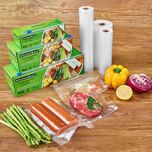 KitchenBoss Bolsas de Vacío Profesional 4 Rolls 20x500 y 28x500cm con 2 Caja de Corte (No Más Tijeras) para Almacenaje de Alimentos, Sous Vide Cocina, BPA Free