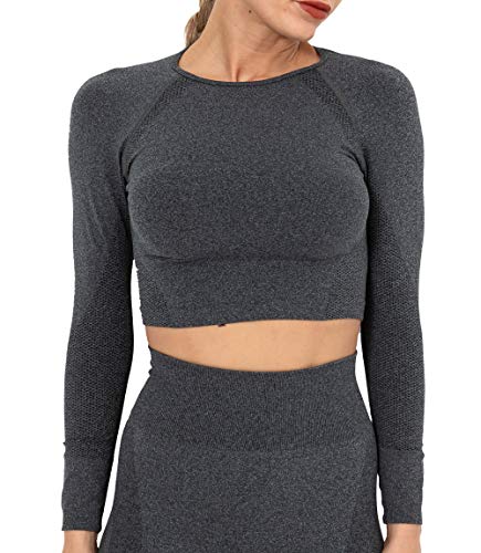 KIWI RATA Camiseta Deportiva Mujer Manga Larga sin Costuras Crop Top Deporte Yoga para Fitness Running Gimnasio Elásticos y Transpirables