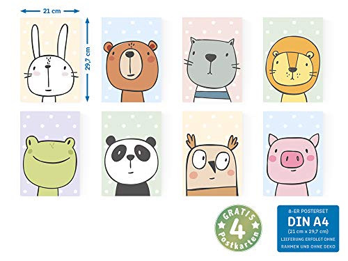 kizibi® Juego de pósters para la habitación de los niños con 8 animales cómicos, pósters para la habitación de los bebés para niños y niñas, póster de pared: conejo oso panda rana león gato búho