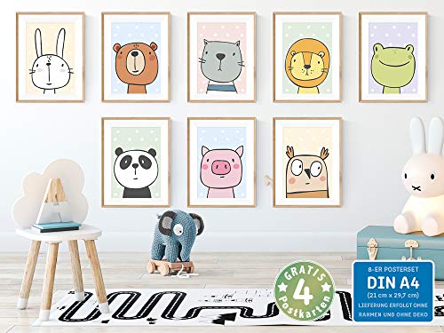 kizibi® Juego de pósters para la habitación de los niños con 8 animales cómicos, pósters para la habitación de los bebés para niños y niñas, póster de pared: conejo oso panda rana león gato búho
