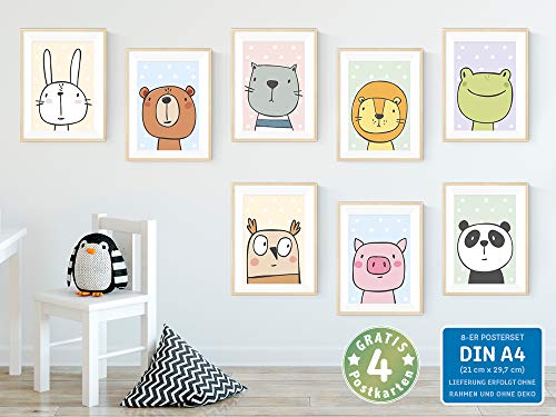 kizibi® Juego de pósters para la habitación de los niños con 8 animales cómicos, pósters para la habitación de los bebés para niños y niñas, póster de pared: conejo oso panda rana león gato búho