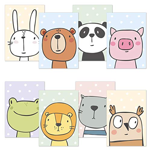 kizibi® Juego de pósters para la habitación de los niños con 8 animales cómicos, pósters para la habitación de los bebés para niños y niñas, póster de pared: conejo oso panda rana león gato búho