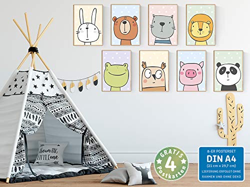 kizibi® Juego de pósters para la habitación de los niños con 8 animales cómicos, pósters para la habitación de los bebés para niños y niñas, póster de pared: conejo oso panda rana león gato búho