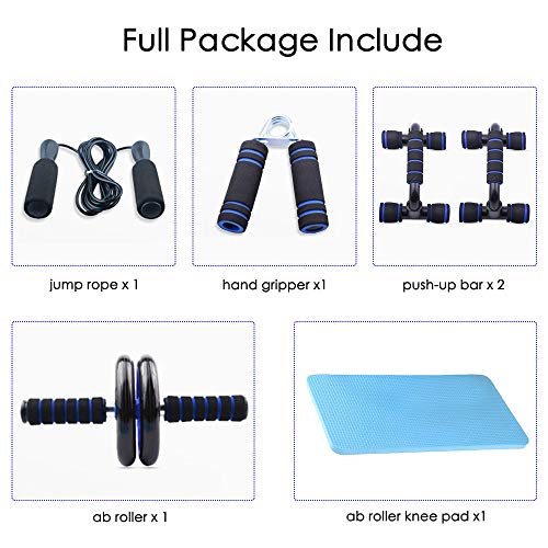 KKTECT Juego de Rodillos de Ruedas 5 en 1 Rueda Abdominal + Push Up Bars+ Cuerda para Saltar +Fortalecedor de Mano con Esterilla Deporte