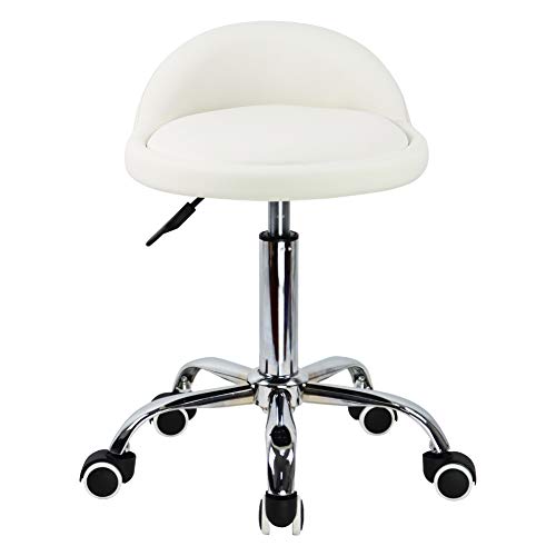 KKTONER Taburete Redondo de Piel sintética con Respaldo Giratorio Altura Ajustable para Dibujos Tatuajes Masaje Tienda SPA taburetes médicos con Ruedas Color Blanco