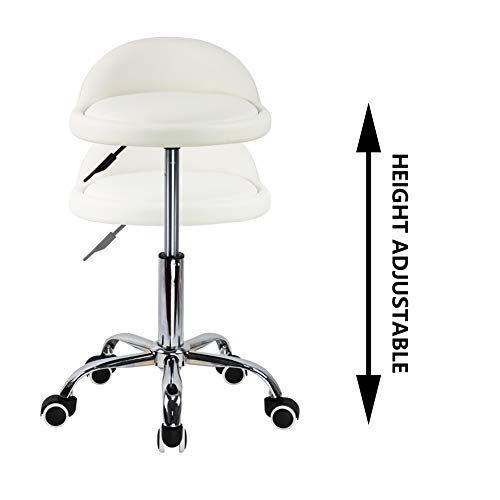 KKTONER Taburete Redondo de Piel sintética con Respaldo Giratorio Altura Ajustable para Dibujos Tatuajes Masaje Tienda SPA taburetes médicos con Ruedas Color Blanco