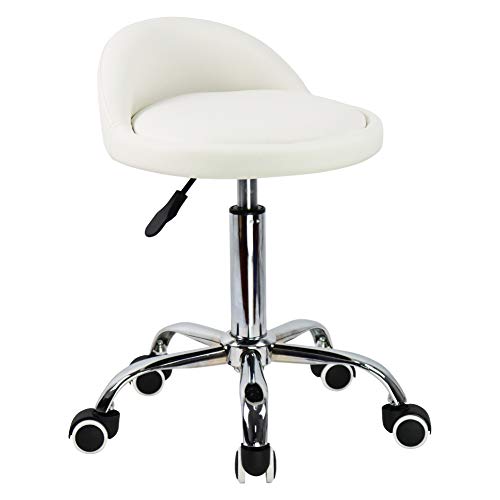 KKTONER Taburete Redondo de Piel sintética con Respaldo Giratorio Altura Ajustable para Dibujos Tatuajes Masaje Tienda SPA taburetes médicos con Ruedas Color Blanco