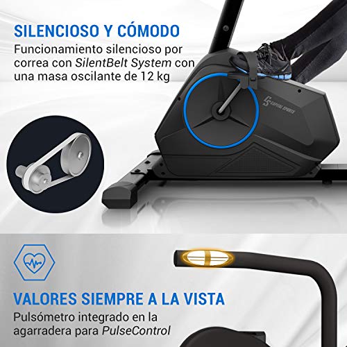 KLAR FIT Klarfit Epsylon Relax - Bicicleta estática, Posición reclinada, Correa SilentBelt System, 24 Niveles de Resistencia, Freno magnético, Soporte Tableta, PulseControl, Certificado TÜV, Negro