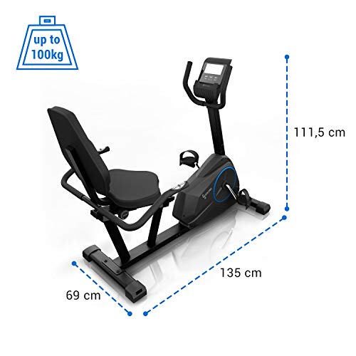 KLAR FIT Klarfit Epsylon Relax - Bicicleta estática, Posición reclinada, Correa SilentBelt System, 24 Niveles de Resistencia, Freno magnético, Soporte Tableta, PulseControl, Certificado TÜV, Negro