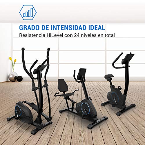 KLAR FIT Klarfit Epsylon Relax - Bicicleta estática, Posición reclinada, Correa SilentBelt System, 24 Niveles de Resistencia, Freno magnético, Soporte Tableta, PulseControl, Certificado TÜV, Negro