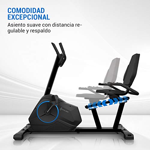 KLAR FIT Klarfit Epsylon Relax - Bicicleta estática, Posición reclinada, Correa SilentBelt System, 24 Niveles de Resistencia, Freno magnético, Soporte Tableta, PulseControl, Certificado TÜV, Negro