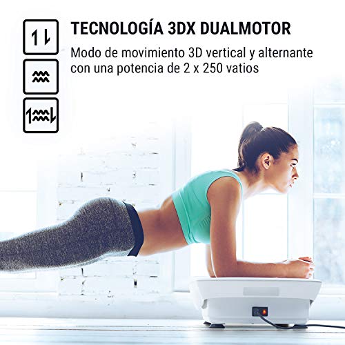 KLAR FIT Klarfit Vibe 3DX - Tabla vibratoria, Placa de vibración, Pantalla LCD, Capacidad máx. 120 kg, Potencia 2 x 250 W, 3 programas, Motor Doble 3DX, Cintas de Fitness, Blanco