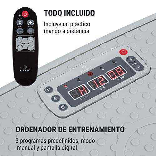 KLAR FIT Klarfit Vibe 3DX - Tabla vibratoria, Placa de vibración, Pantalla LCD, Capacidad máx. 120 kg, Potencia 2 x 250 W, 3 programas, Motor Doble 3DX, Cintas de Fitness, Blanco