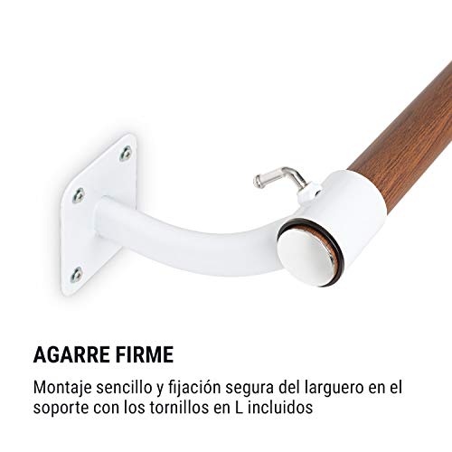 Klarfit Barre Mur - Barra de ballet, Montaje en pared, Largo 110 cm, Estructura de acero con revestimiento en polvo, Larguero de aspecto madera, Diámetro de 38 mm, 4 tornillos en cada lado, Blanco Klarfit Barre Mur - Barra de ballet, Montaje en pared, Largo 110 cm, Estructura de acero con revestimiento en polvo, Larguero de aspecto madera, Diámetro de 38 mm, 4 tornillos en cada lado, Blanco