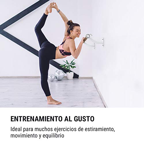 Klarfit Barre Mur - Barra de ballet, Montaje en pared, Largo 110 cm, Estructura de acero con revestimiento en polvo, Larguero de aspecto madera, Diámetro de 38 mm, 4 tornillos en cada lado, Blanco Klarfit Barre Mur - Barra de ballet, Montaje en pared, Largo 110 cm, Estructura de acero con revestimiento en polvo, Larguero de aspecto madera, Diámetro de 38 mm, 4 tornillos en cada lado, Blanco