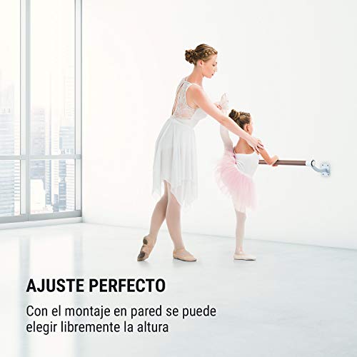 Klarfit Barre Mur - Barra de ballet, Montaje en pared, Largo 110 cm, Estructura de acero con revestimiento en polvo, Larguero de aspecto madera, Diámetro de 38 mm, 4 tornillos en cada lado, Blanco