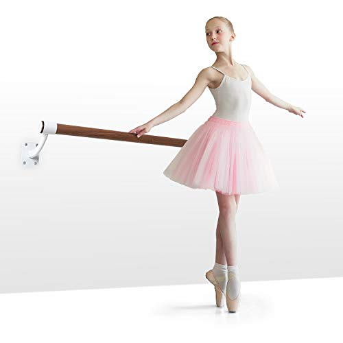 Klarfit Barre Mur - Barra de ballet, Montaje en pared, Largo 110 cm, Estructura de acero con revestimiento en polvo, Larguero de aspecto madera, Diámetro de 38 mm, 4 tornillos en cada lado, Blanco