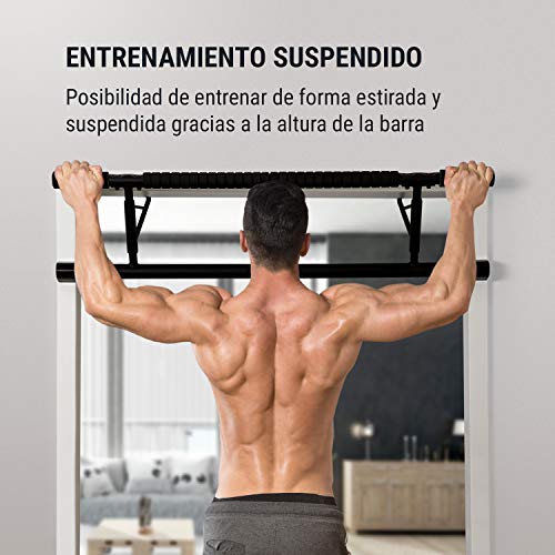 Klarfit In-Door Barra de dominadas Barra de Ejercicios Acoplable en Puerta Agarre Ancho/Estrecho Ocupa Poco Espacio Fácil de Montar Acero pulverizado 130 kg Acolchado EVA Negro