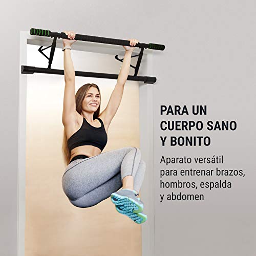 Klarfit In-Door Barra de dominadas Barra de Ejercicios Acoplable en Puerta Agarre Ancho/Estrecho Ocupa Poco Espacio Fácil de Montar Acero pulverizado 130 kg Acolchado EVA Negro