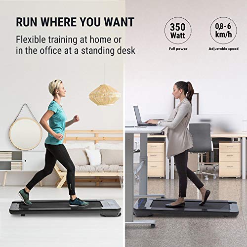 Klarfit Workspace Go Light Cinta de Andar - Soporte para Tablet, Ejercicio en la Oficina, 350 W, Ultraplano: Solo 11 cm de Altura, Pesa Solo 25 kg, hasta 6 km/h, Superficie de 36 x 100 cm