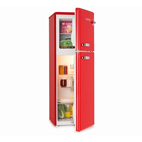 Klarstein Audrey - Nevera con congelador, Frigorífico combi, Look retro, Congelador 39L, Refrigerador 97L, Pies regulables, Enfriamiento regulable, Cajón verduras, Estantes de vidrio, Rojo