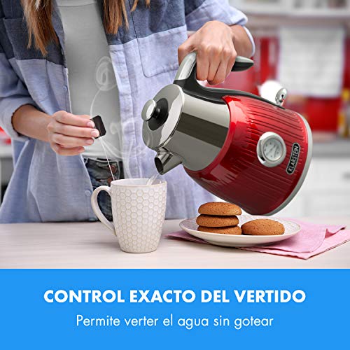 Klarstein Cancan - Hervidor de agua, Volumen: 1,6 L, Potencia: 1800-2150 W, Diseño retro, Base de 360°, Diámetro base: 17 cm, Indicador de temperatura, Pasos de 5 °C entre 0 y 100 °C, Rojo Klarstein Cancan - Hervidor de agua, Volumen: 1,6 L, Potencia: 1800-2150 W, Diseño retro, Base de 360°, Diámetro base: 17 cm, Indicador de temperatura, Pasos de 5 °C entre 0 y 100 °C, Rojo