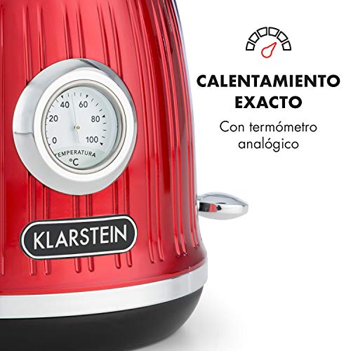 Klarstein Cancan - Hervidor de agua, Volumen: 1,6 L, Potencia: 1800-2150 W, Diseño retro, Base de 360°, Diámetro base: 17 cm, Indicador de temperatura, Pasos de 5 °C entre 0 y 100 °C, Rojo
