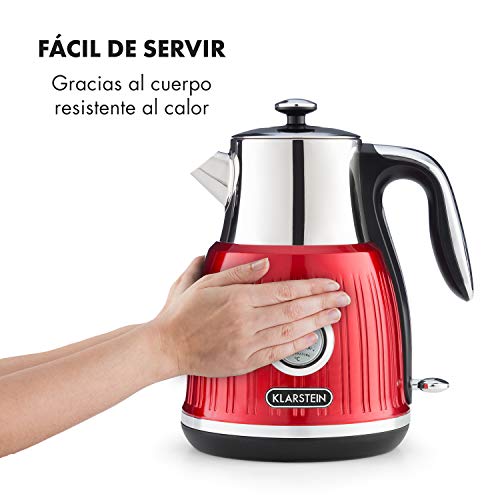 Klarstein Cancan - Hervidor de agua, Volumen: 1,6 L, Potencia: 1800-2150 W, Diseño retro, Base de 360°, Diámetro base: 17 cm, Indicador de temperatura, Pasos de 5 °C entre 0 y 100 °C, Rojo Klarstein Cancan - Hervidor de agua, Volumen: 1,6 L, Potencia: 1800-2150 W, Diseño retro, Base de 360°, Diámetro base: 17 cm, Indicador de temperatura, Pasos de 5 °C entre 0 y 100 °C, Rojo