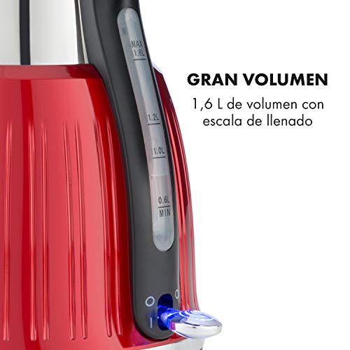 Klarstein Cancan - Hervidor de agua, Volumen: 1,6 L, Potencia: 1800-2150 W, Diseño retro, Base de 360°, Diámetro base: 17 cm, Indicador de temperatura, Pasos de 5 °C entre 0 y 100 °C, Rojo Klarstein Cancan - Hervidor de agua, Volumen: 1,6 L, Potencia: 1800-2150 W, Diseño retro, Base de 360°, Diámetro base: 17 cm, Indicador de temperatura, Pasos de 5 °C entre 0 y 100 °C, Rojo