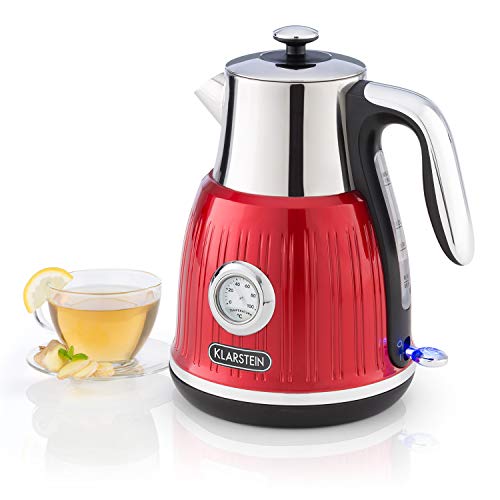 Klarstein Cancan - Hervidor de agua, Volumen: 1,6 L, Potencia: 1800-2150 W, Diseño retro, Base de 360°, Diámetro base: 17 cm, Indicador de temperatura, Pasos de 5 °C entre 0 y 100 °C, Rojo Klarstein Cancan - Hervidor de agua, Volumen: 1,6 L, Potencia: 1800-2150 W, Diseño retro, Base de 360°, Diámetro base: 17 cm, Indicador de temperatura, Pasos de 5 °C entre 0 y 100 °C, Rojo