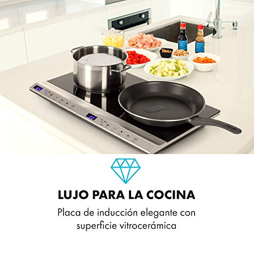 Klarstein Cucinata Cocina de inducción - 2 zonas de cocción, Rendimiento total de 3.100 W, 10 niveles de 200-1.300 W, 60-240 °C, Superficie de vidrio, Panel de control táctil, Pantalla LED, Negro