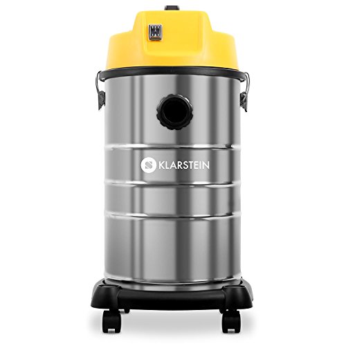 Klarstein IVC-30 - Aspirador Industrial, Seco y húmedo, Doble Motor, 1800W, 19,2 kPa, 30L, 80dB, Sin Bolsa, Filtro HEPA, Protección IPX4, Largo Alcance, Accesorios, Amarillo/metálico