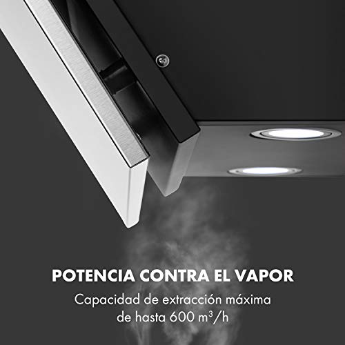 Klarstein Silver Lining 60 campana extractora - Extractor plano, 60 cm, Clase A, Absorción o ventilación, 600 m³/h, 3 niveles, Control táctil, Inclinada, Extractor de pared, Acero inoxidable