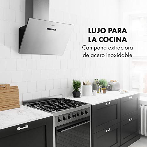 Klarstein Silver Lining 60 campana extractora - Extractor plano, 60 cm, Clase A, Absorción o ventilación, 600 m³/h, 3 niveles, Control táctil, Inclinada, Extractor de pared, Acero inoxidable